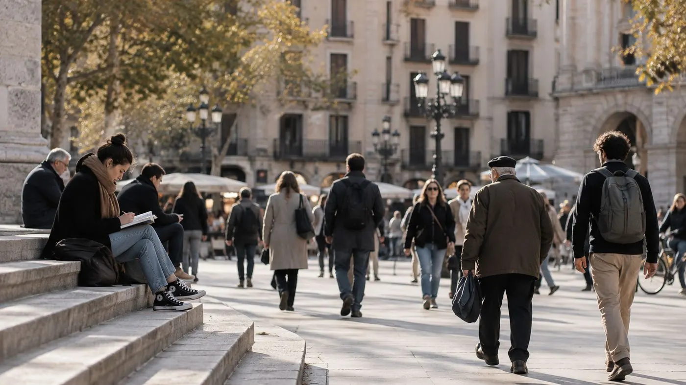 Persones caminant i llegint en una plaça